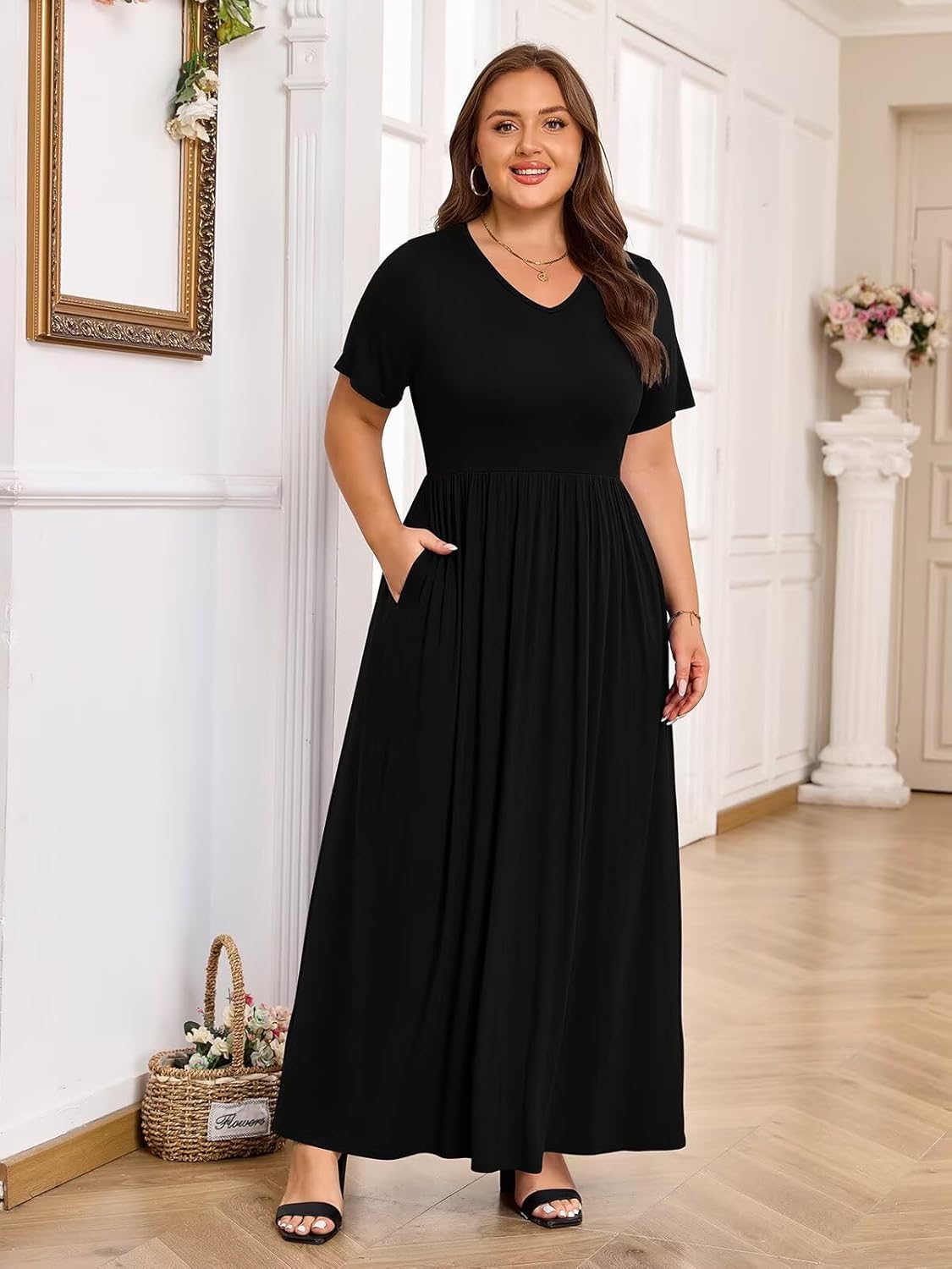 BELAROI Womens Plus Size Maxi Dress Summer V Neck Short Sleeve Long Dresses Pockets Beach Coverup Loose Casual - Image 3