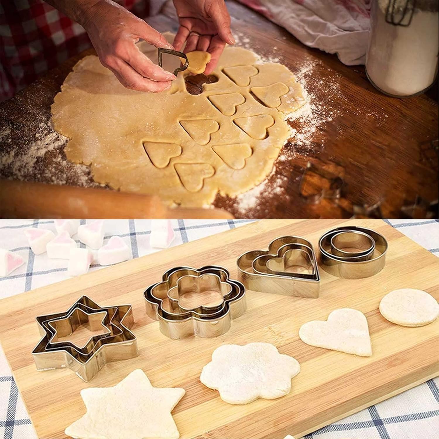Saylani Enterprises Presents a 12-Piece Cookie Cutter Set, Featuring Star, Heart, Round, and mini Flower molds, All Crafted from Stainless Steel. 4
