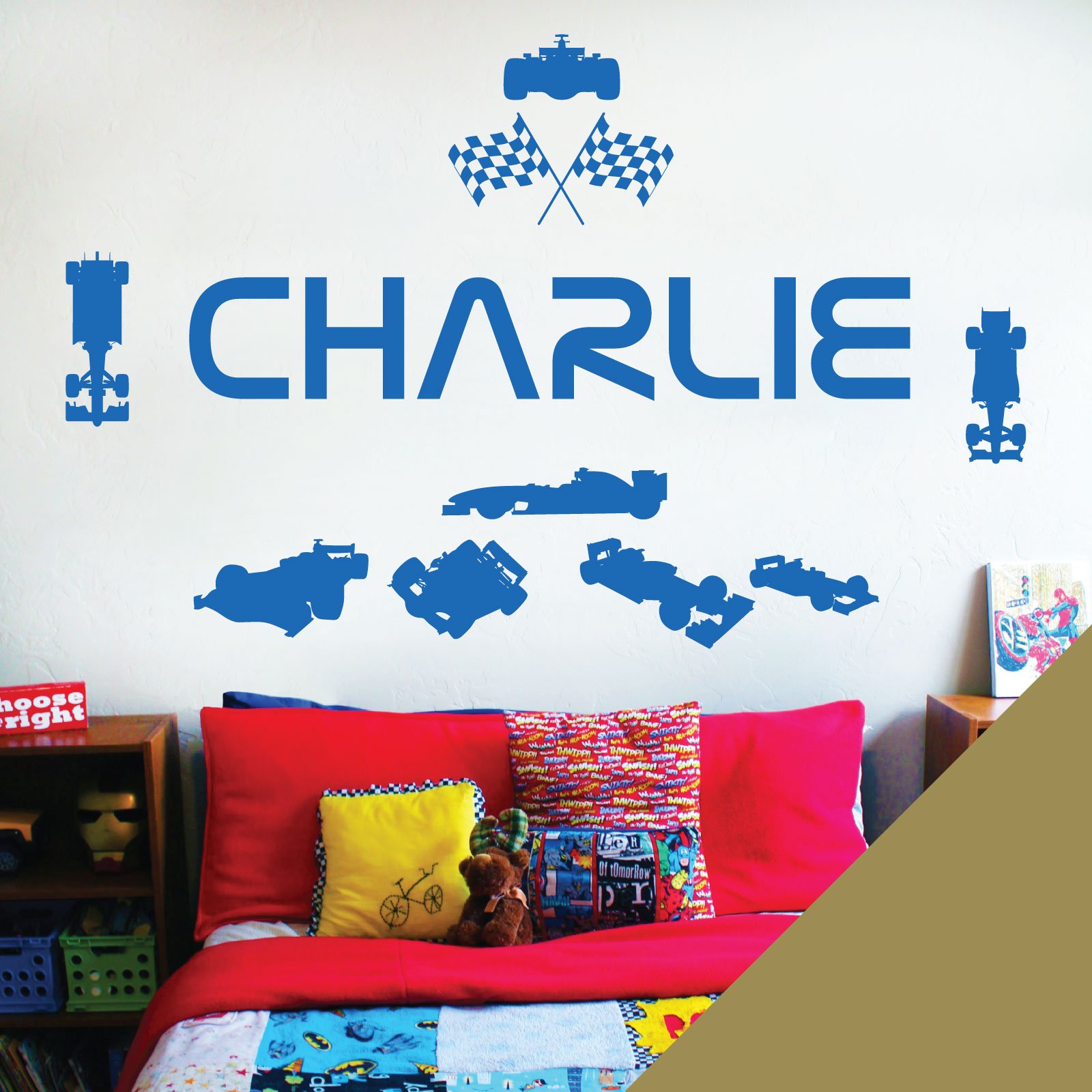 Personalised Name Children Wall Art Sticker - Racing Driver Formula 1 Cars Sport [Medium] [Gold]