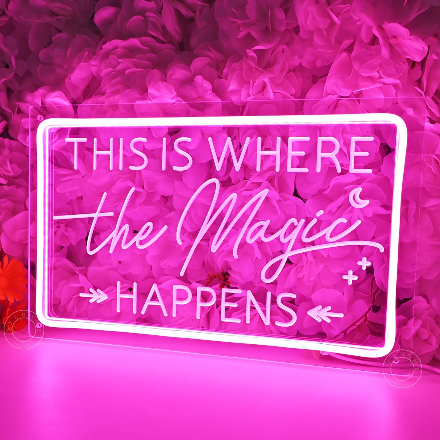 SYLHOME This Is Where The Magic Happens Pink Led Neon Light Sign Wedding Birthday Engagement Bachelorette Party Bar Bedroom Office Wall Sign Decor USB Light Up Sign 15.75"X9.8" - Image 3