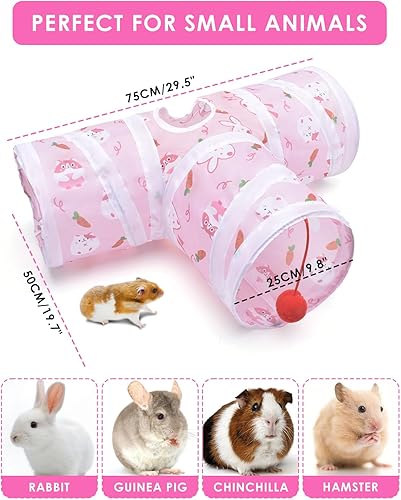 Bissap Rabbit Tunnel, 9.8'' Collapsible Bunny Tunnel and Tube 3 Ways Pet Hideout with 1 Play Ball for Indoor Kittens Dwarf Rabbits Bunnies Guinea Pigs Chinchillas Small Animal Activity Fun Toys (Pink)(Pink,Large)