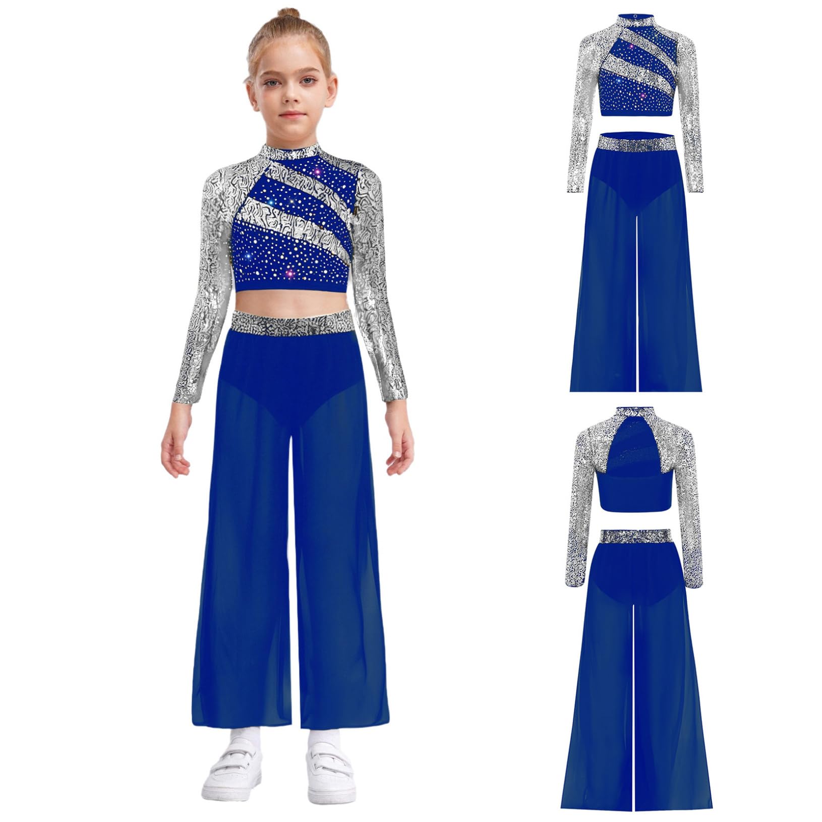 Freebily Costume Danse Latin Jazz Enfant Fille Ensemble Pantalon Évasé et Haut Danse Lyrique Compétition Spectacle Tenue Patinage Artistique Paillettes