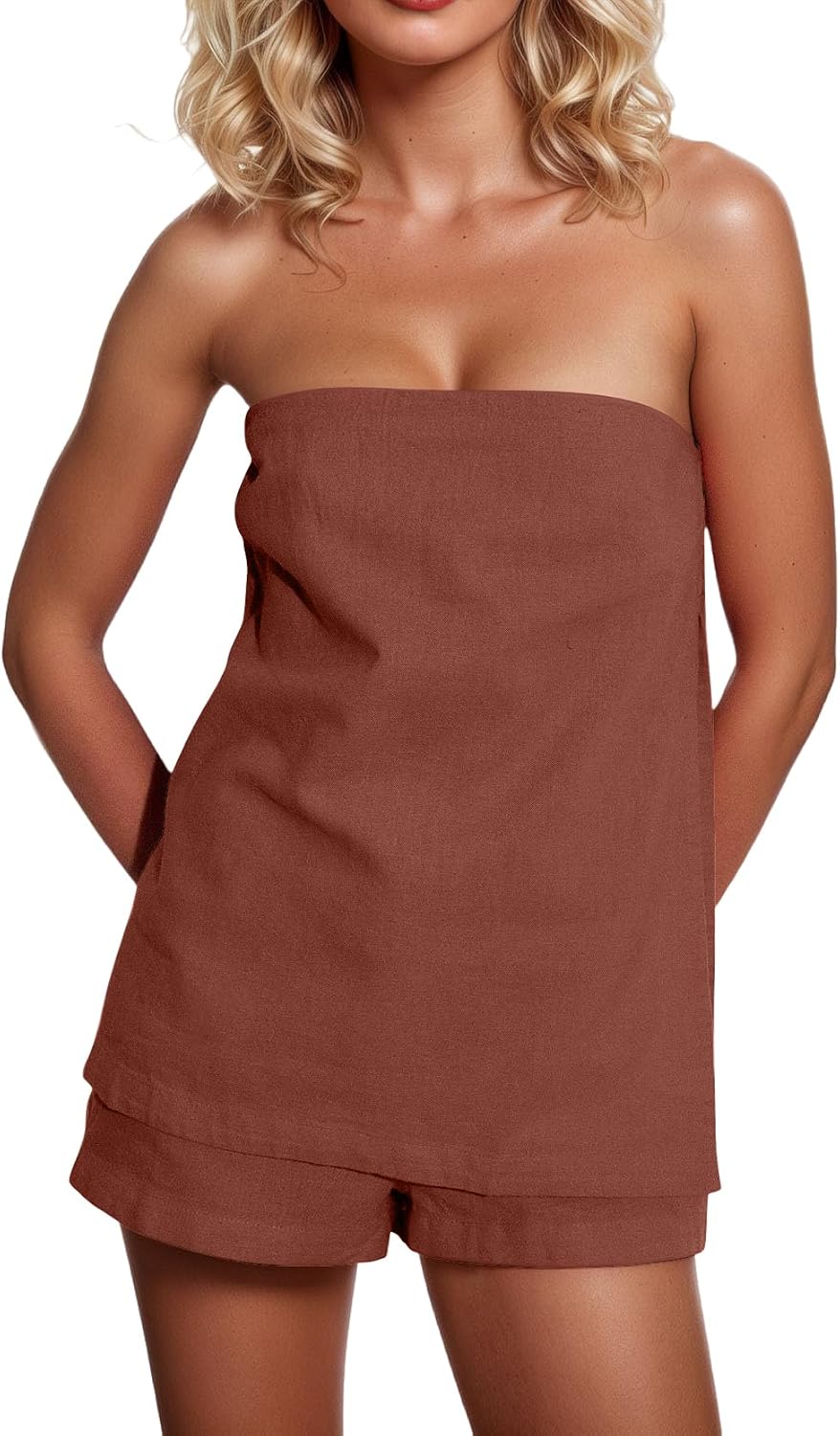 MISSACTIVER Women’s 2 Piece Lounge Set Linen Strapless Tube Top Backless Side Slit Button Casual Matching Shorts Sets