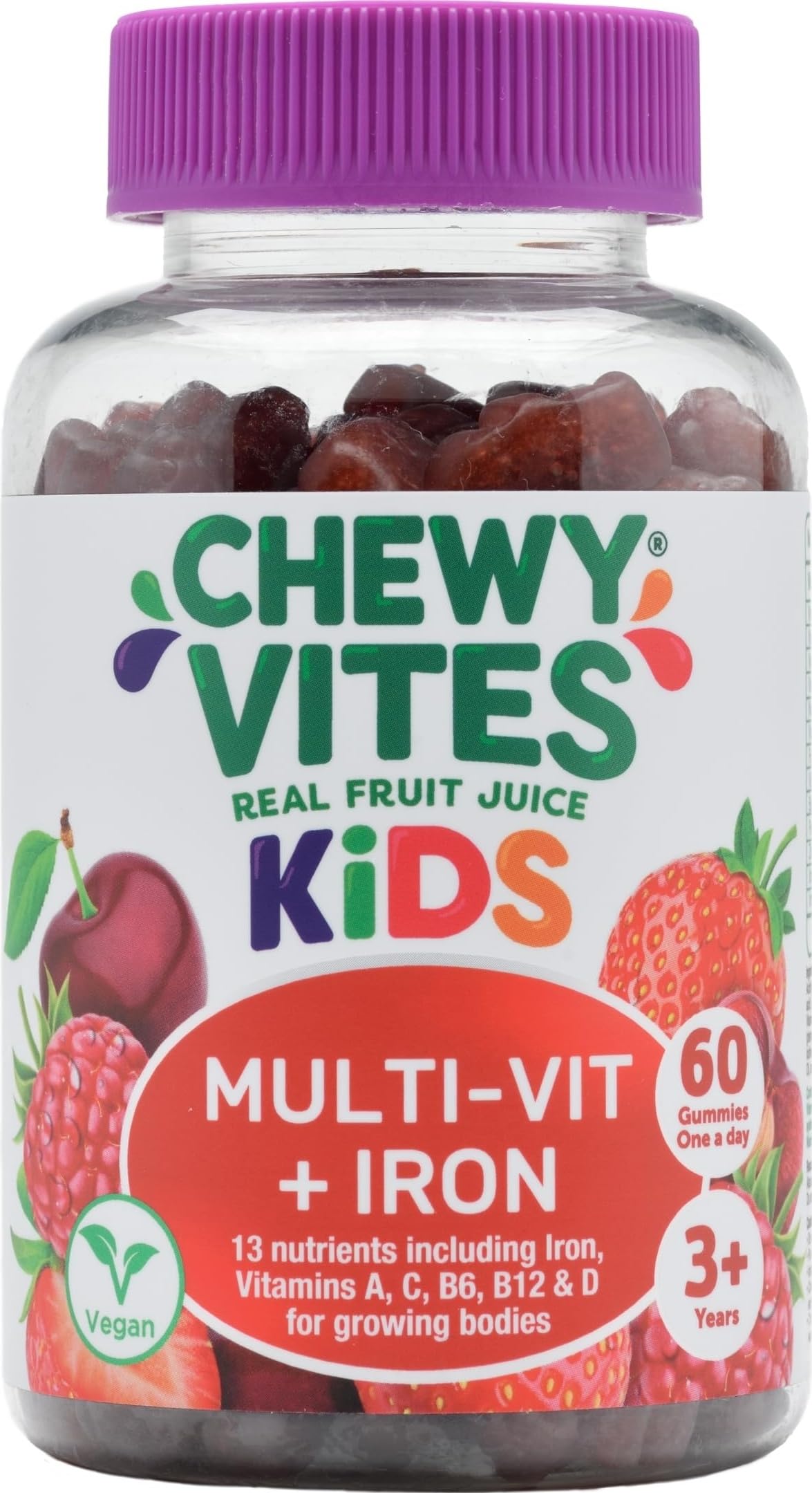 Chewy Vites Kids Multi-Vitamin & Iron 60 Gummy Vitamins | Iron Gummies For Kids | 13 Essential Vitamins And Minerals | 2 Months Supply | Real Fruit Juice | Berry