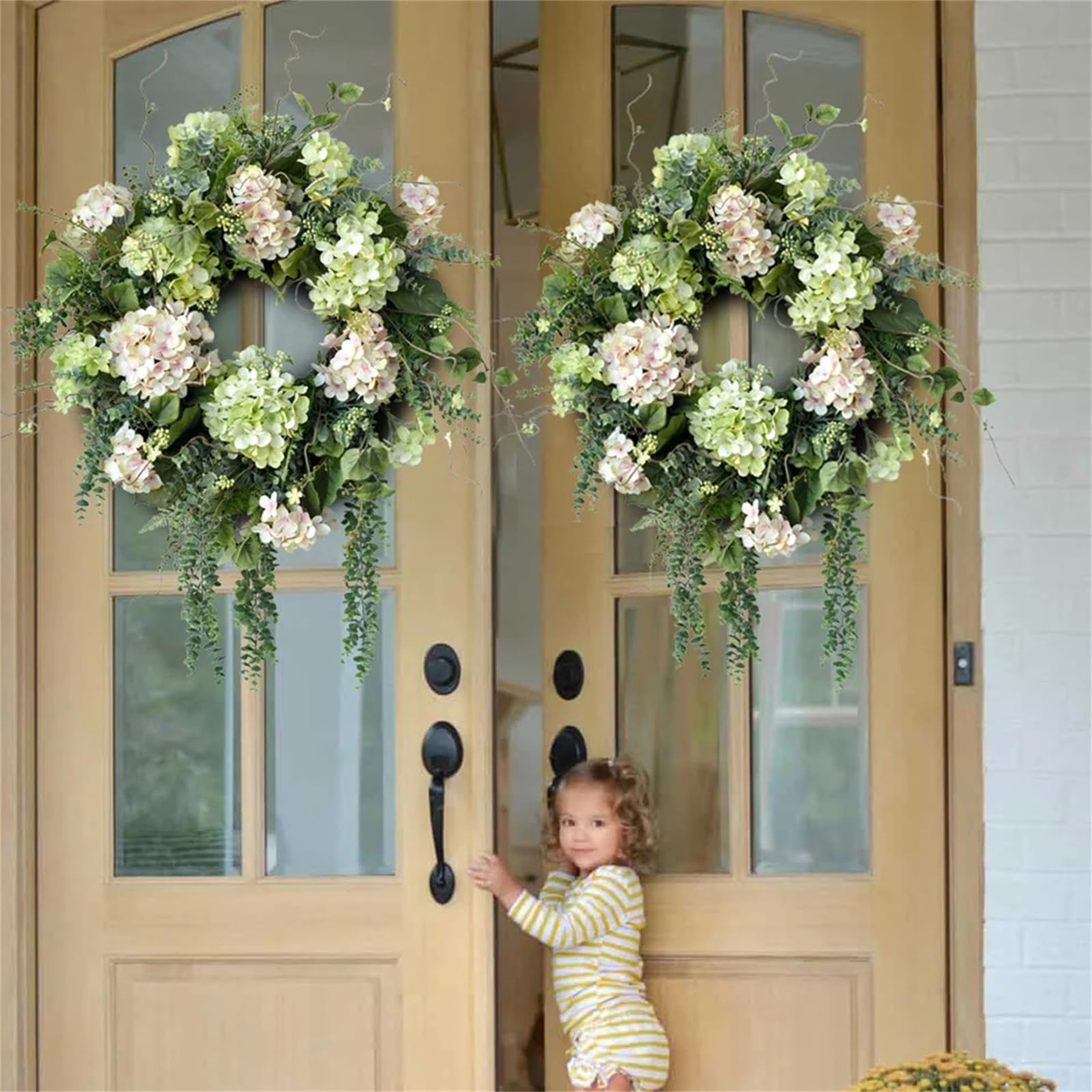Mophorn 23 Ghirlanda decorativa artificiale, blu bianco verde, con ortensie, rose, bacche, viti, per decorazioni per la casa in tutte le stagioni