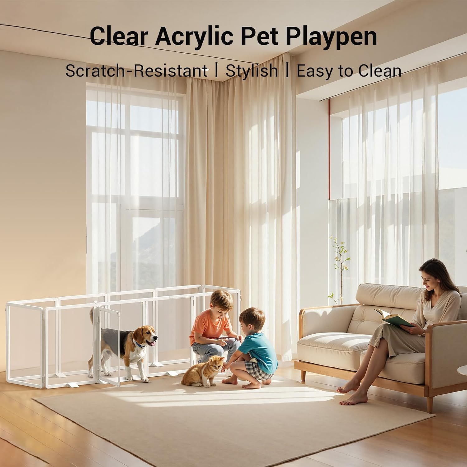 Clear Acrylic Pet Playpen, 25.6" H Transparent Dog Fence with Support Feet, Sturdy & Stylish Indoor Enclosure for Puppy, Cat, Rabbit, Easy to Assemble & Clean
