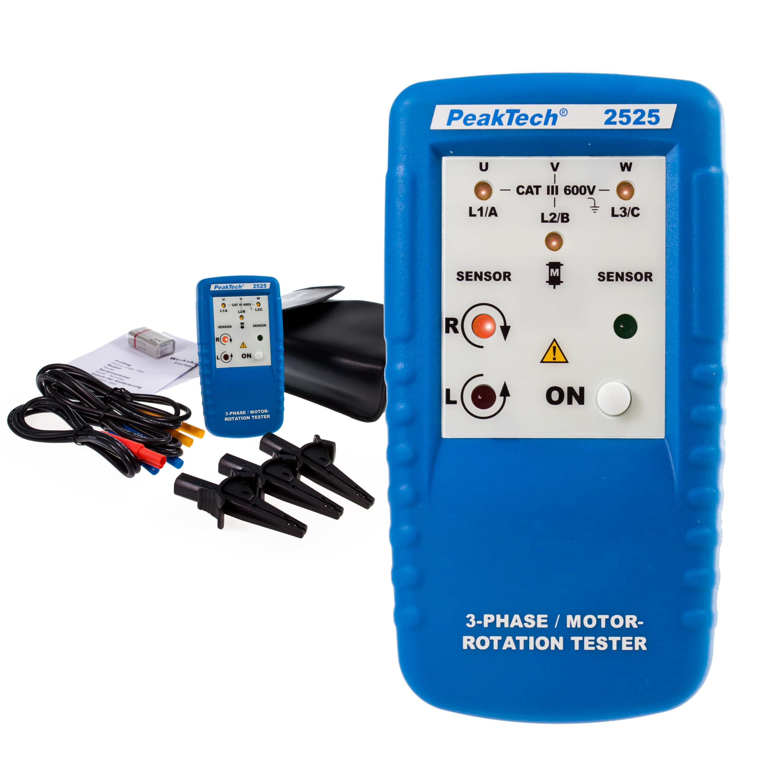 PeakTech, 2525 Medidor de campo giratorio 3 fases, indicador del sentido de giro/medidor de campo giratorio digital para motor de corriente de potencia y comprobador de fases para corriente