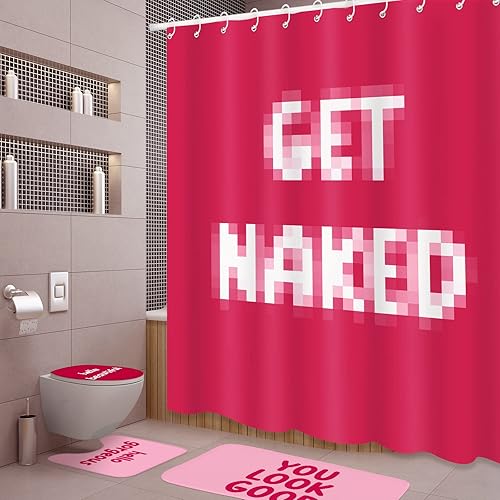 Miniatura 5 de Juego de 4 cortinas de ducha con alfombras, juego de baño rosa con cortina de ducha y alfombras, tapete de baño antideslizante en forma de U, tapete