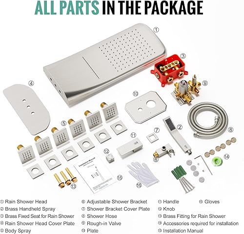 Miniatura 8 de SR SUN RISE Sistema de ducha de níquel cepillado de 20 pulgadas, juego de ducha montado en el techo, grifo de ducha (contiene grifo de ducha, cuerpo