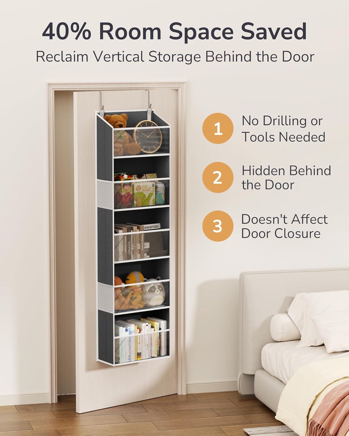 ULG Over The Door PVC Organizer with 4 Clear Pockets – Hanging Storage for Bathroom, Closet, or Bedroom，Dark Gray