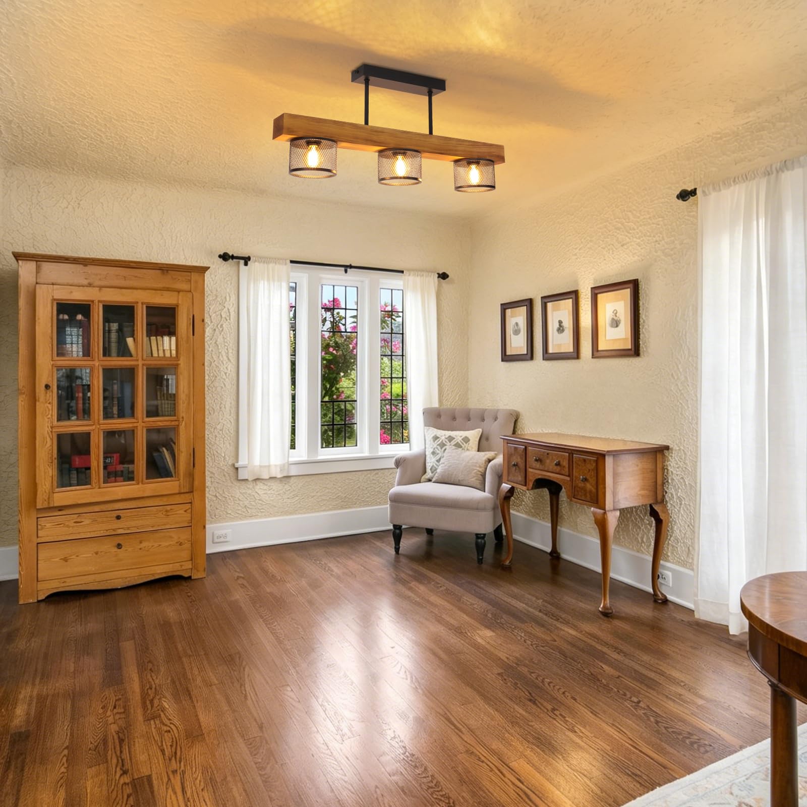 ZMH Deckenlampe Vintage Holz E14 Deckenlampe: Wohnzimmerlampe 3 flammig aus Metall-Gitterschirm im Industrial Design Küchenlampe Decke für Esstisch Wohnzimmer Küche Schlafzimmer (Ohne Leuchtmittel)