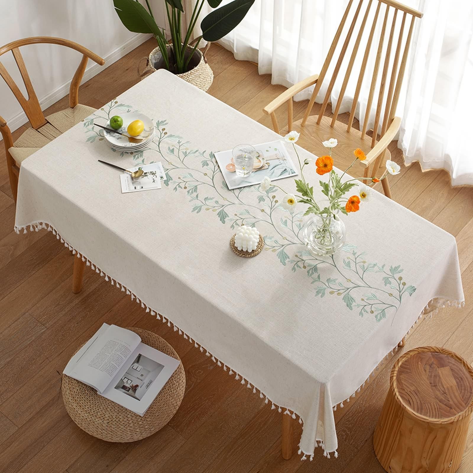 Manteles de tela para mesas rectangulares, ramas de hojas de poliéster, cubierta de mesa para comedor, bufé, banquete, restaurante, verde claro, 140 x 200 cm