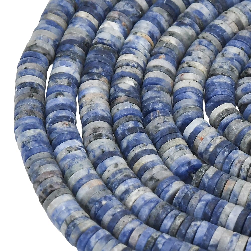 PONABEADIY 1 Box 242PCS Natural Blue Sodalite Beads Strand with Hole Gemstone Flat Round Heishi Disc Shaped Frosted Stone Loose Spacer Bead Bulk for Jewellery Making Bracelet Necklace Diy Craft Supply