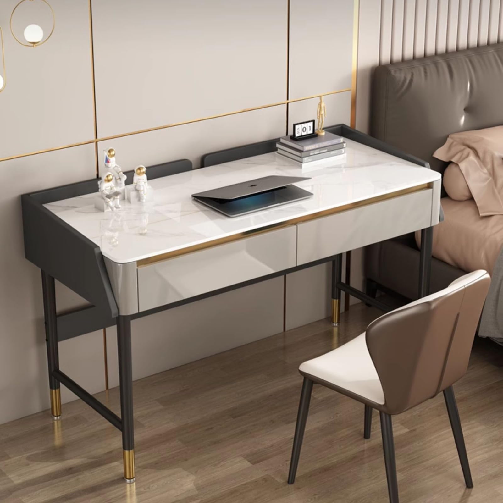 Scrivania da gioco moderna bianca con 2 cassetti, elegante tavolo segretario per casa, ufficio e camera da letto, 80 cm, design versatile per giochi e lavoro