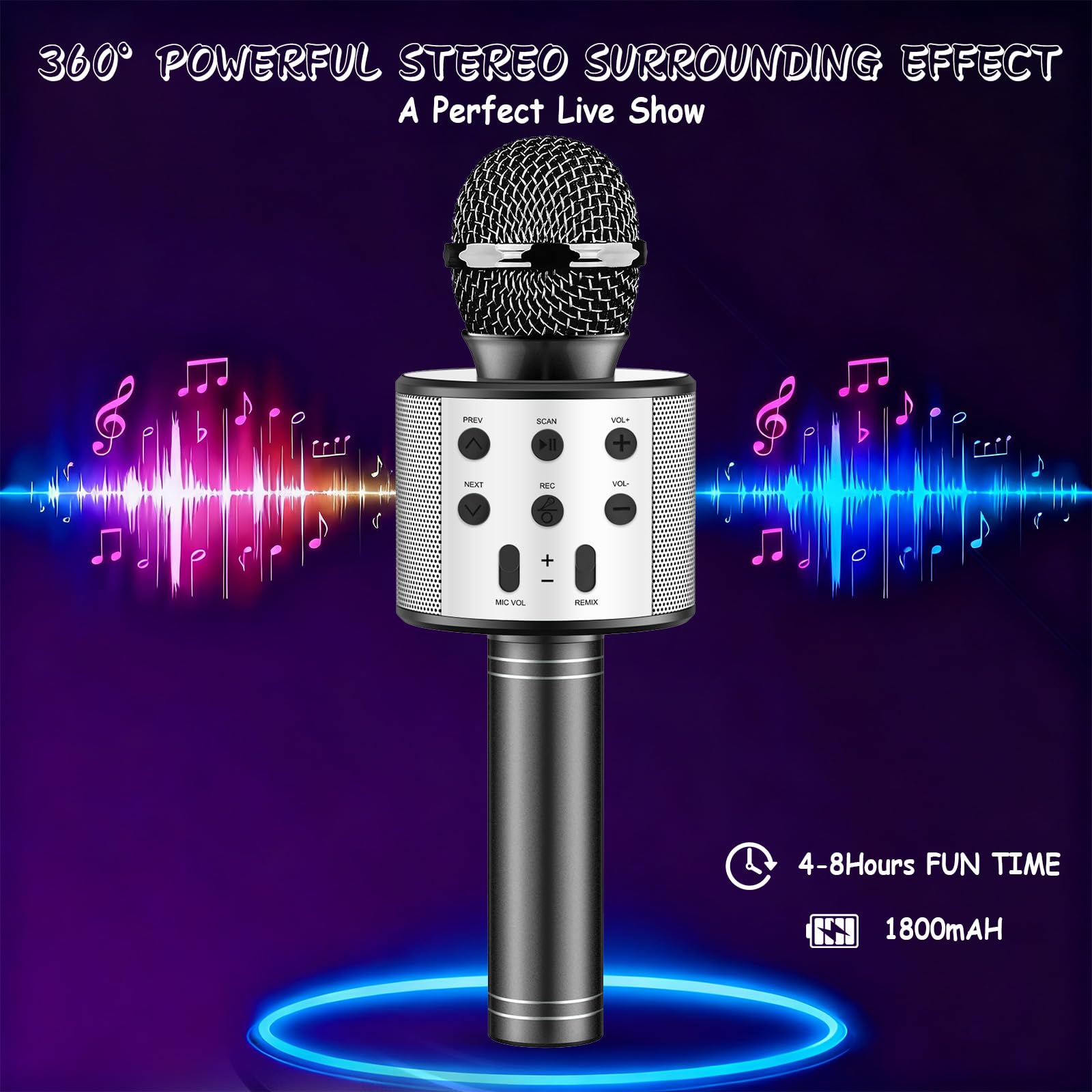Microphone Karaoké sans Fil Bluetooth avec Lumière LED Multi Couleur, Microphone Karaoke pour Enfants/Adultes Chanter Club Noël Anniversaire Soiree Famille Youtube Live, Idée Cadeau (Noir)