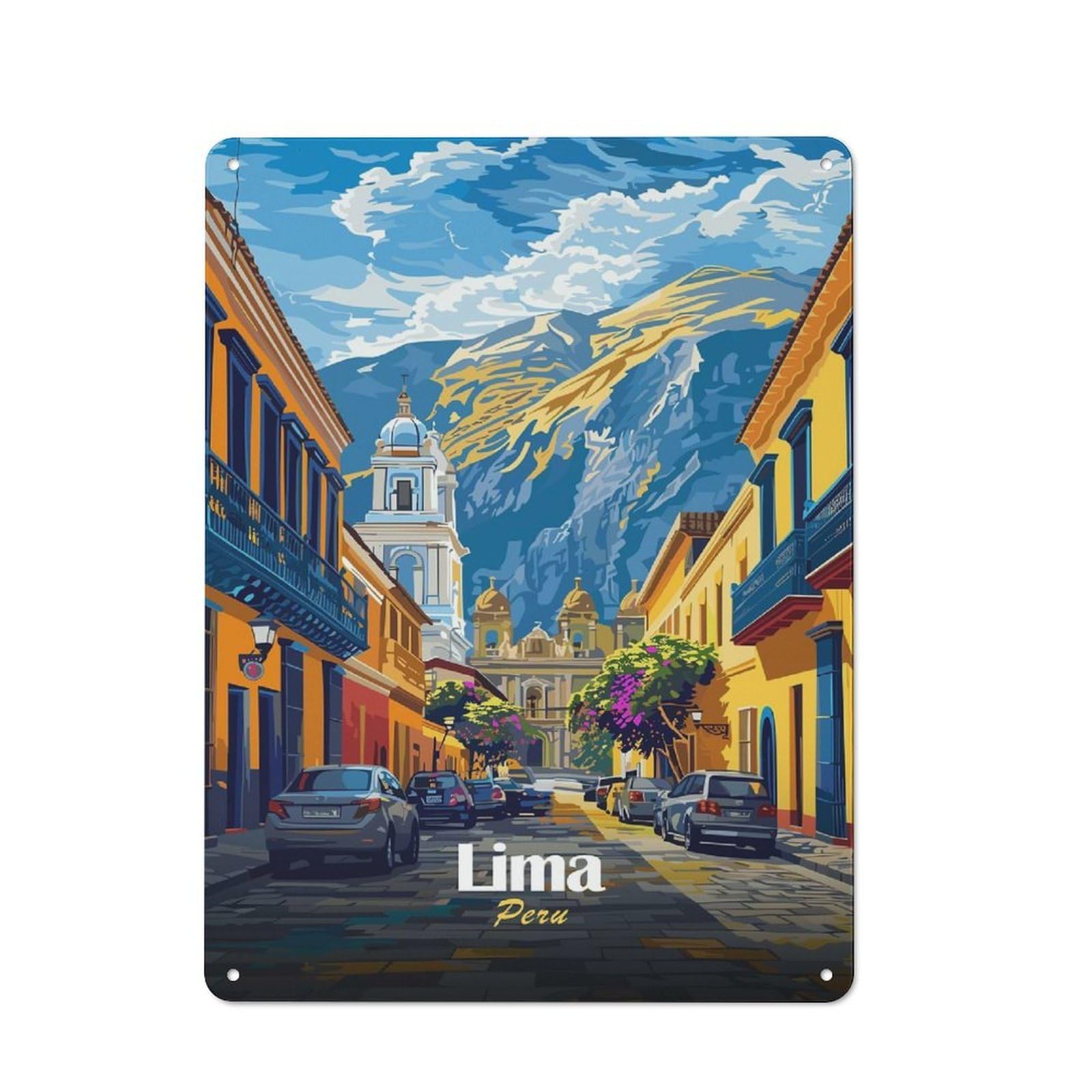 Junmoney Style-4 Tin Wall Plaque 40X30cm With Lima, Peru Cityscape Illustration For Hallway Wall, A Decorative Metal Sign For Hallways And Entrance Areas