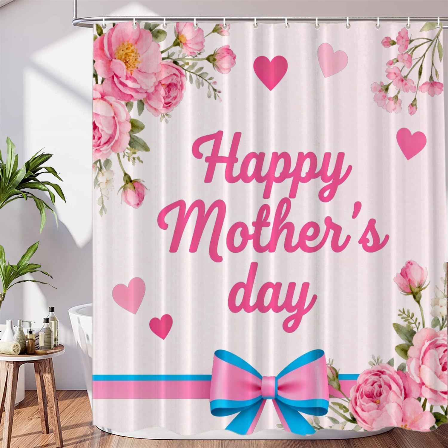 Happy Mother Day Decor Shower Curtain Set,Mother's Day Pink Carnations with Ribbon Polyester Shower Curtain for Shower Stall Bathroom Waterproof with 12 Hooks 72x72 Inch