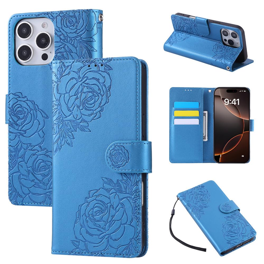 Étui iPhone 17 en cuir bleu fleuri habillage haut de gamme et raffiné