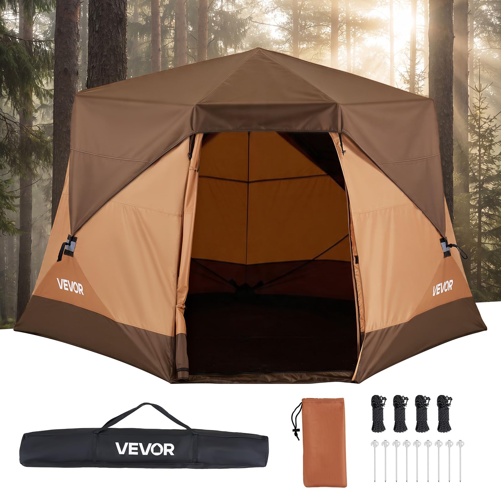 VEVOR Campingzelt 6 Personen, Pop-Up-Zelt mit Regenschutz & Netzfenstern, Schnellaufbau in 60 Sekunden, Tragbares Zelt mit Tragetasche für Familien-Camping & Wanderungen, 330x213x204 cm