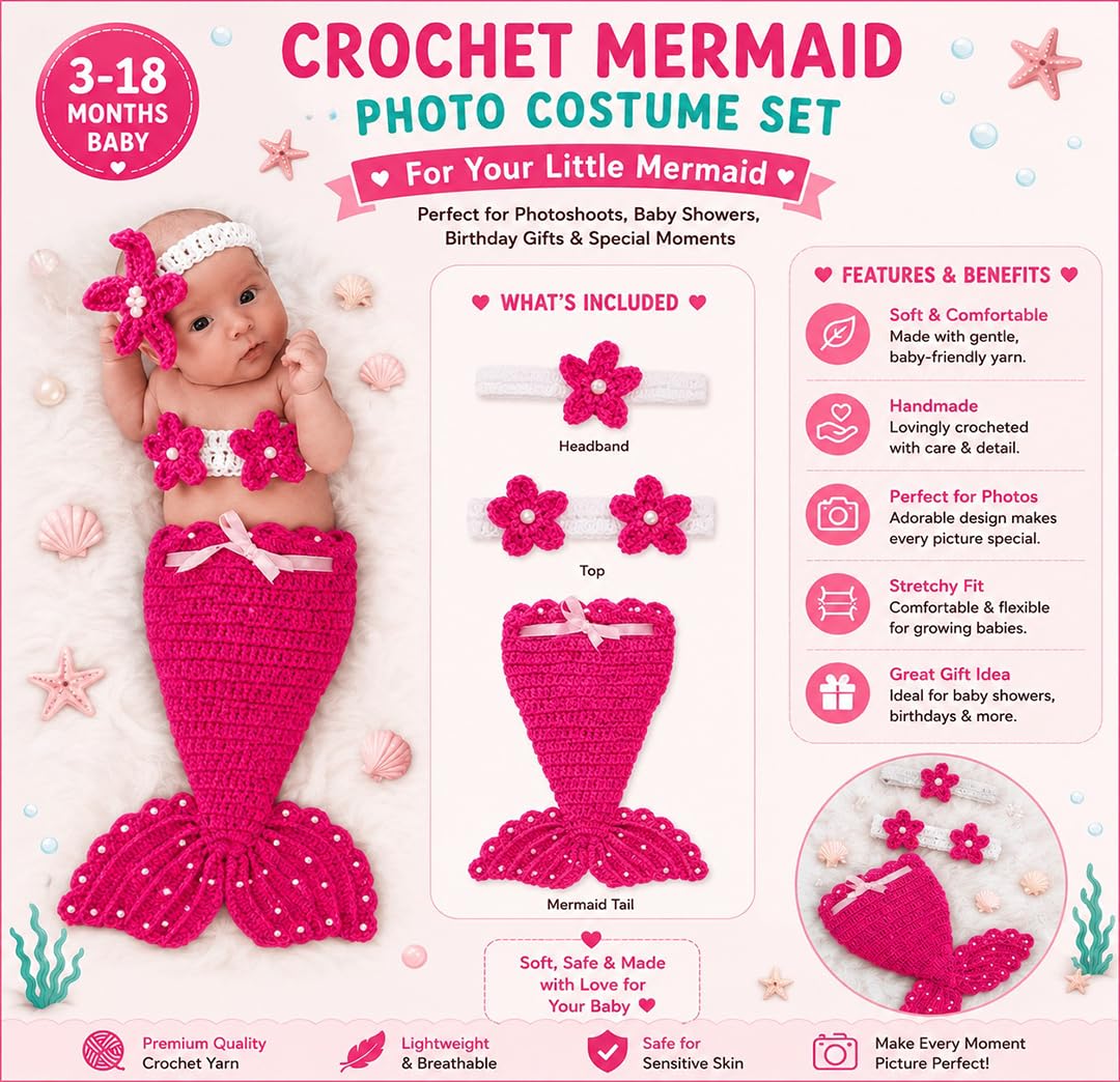 BabyMoon Set of 3 Crochet Mermaid New Born Photography Shoot Props Costume (6-18 Months, Pink) — Amazon image 2
