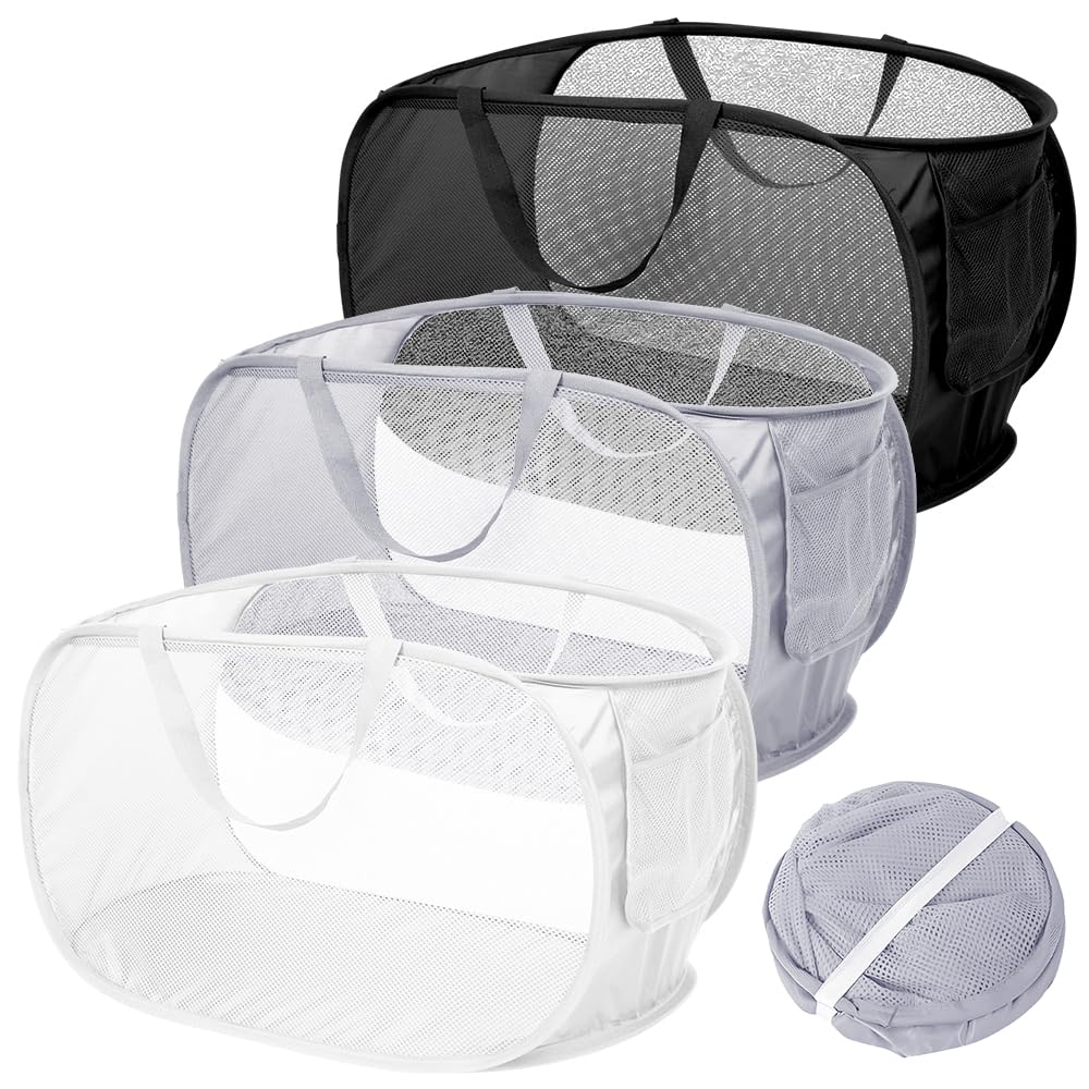 Jonuin Collapsible Laundry Baskets, Pop Up Mesh Washing Basket with Reinforced Handles & Side Pocket, Foldable Laundry Hamper, Clothes Basket for Bathroom, Bedroom, Dorm, Travel (3pcs)