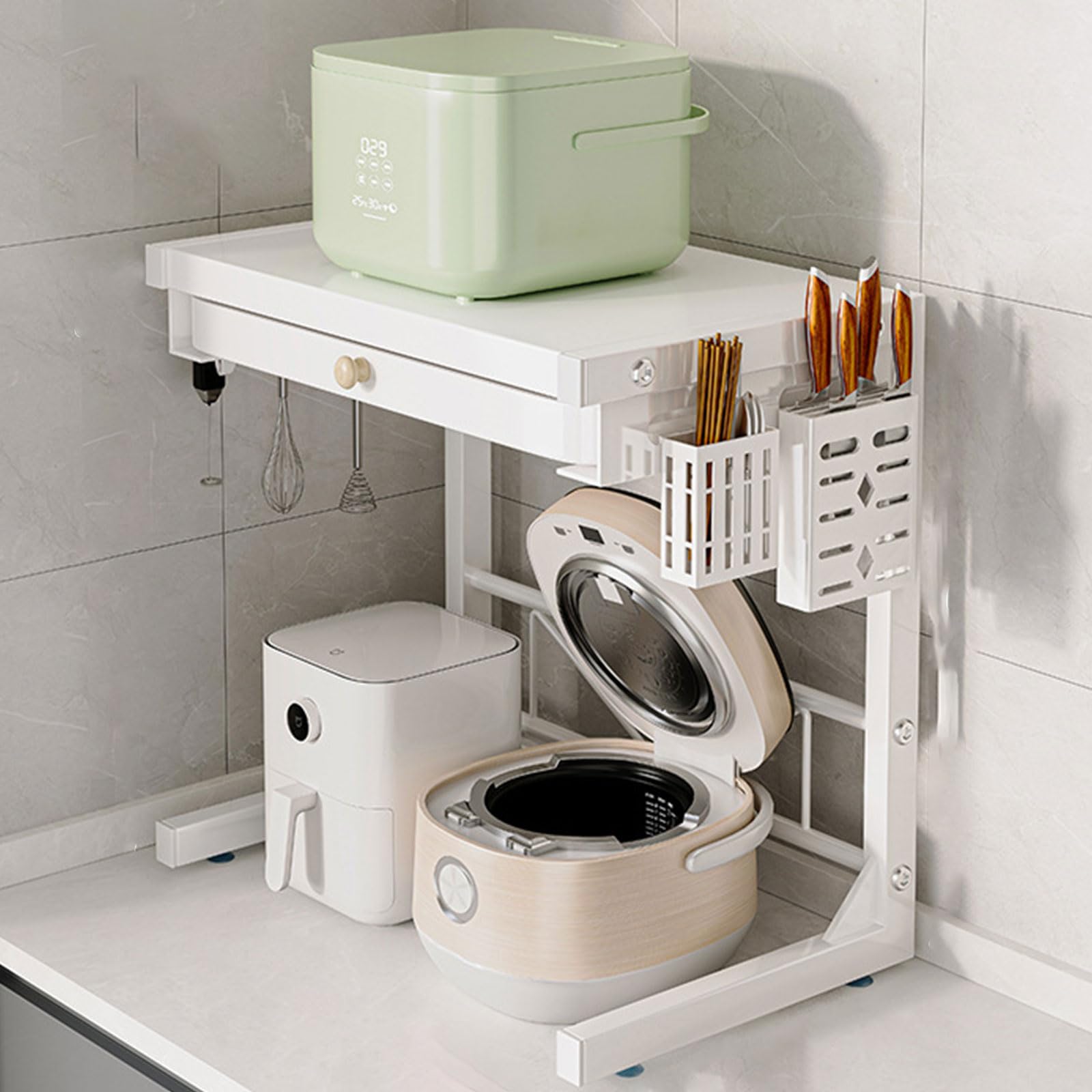 CHUOZI Kitchen Counter Shelf Microwave Oven Rack Toaster Stand with Drawer Chopstick Holder Hooks Tableware Countertop Organizer White