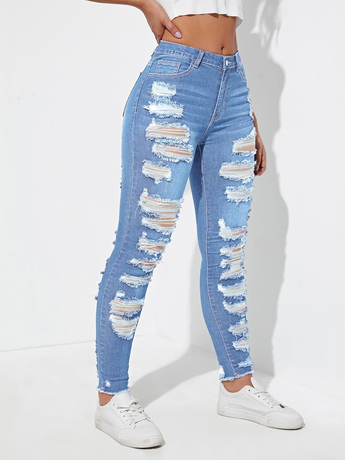 Floerns Women's Ripped Distressed High Waist Jeans Stretch Denim Pants - Image 3