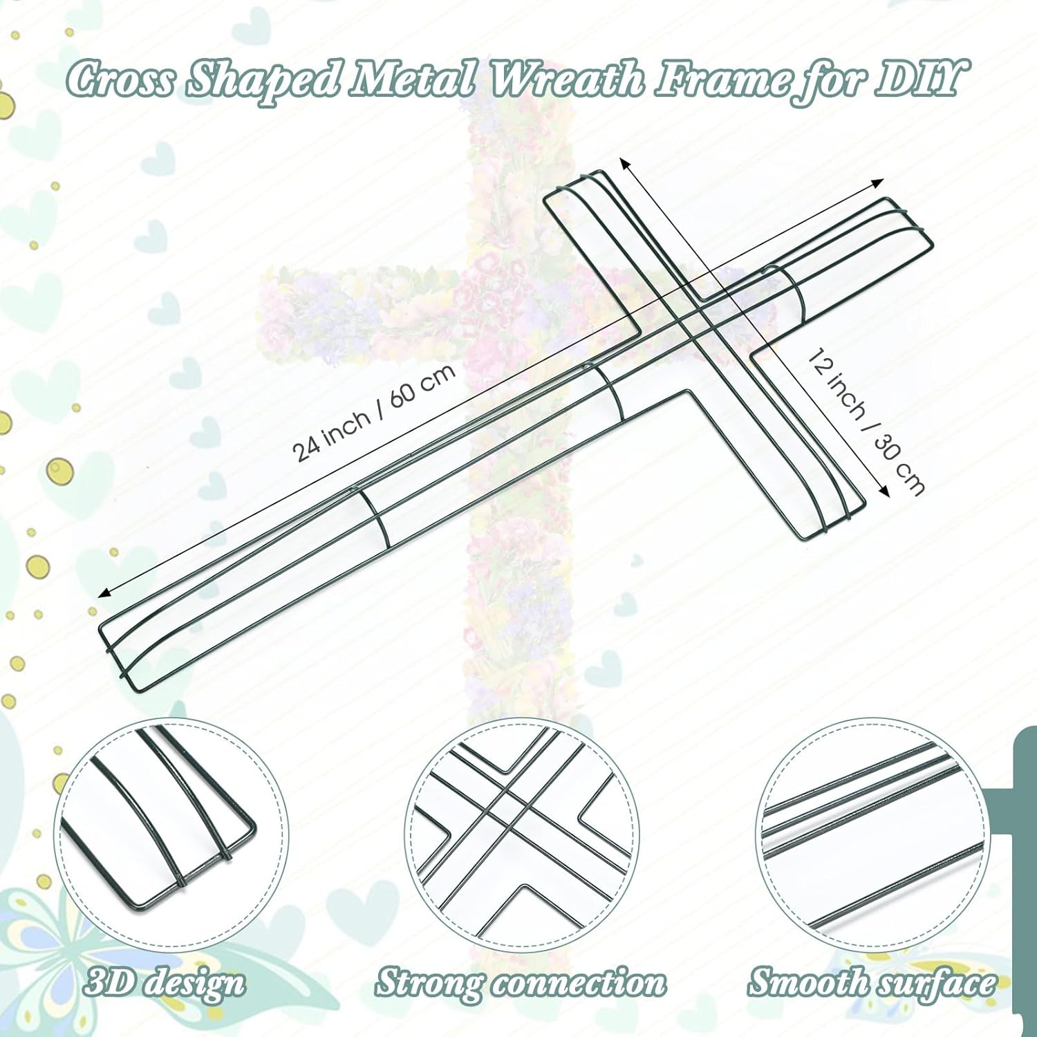 Sieral 5 Pcs Cross Metal Wreath Frame Floral Garden Cross Shaped Metal Wire Wreath Form for Garden Religious Wedding Church DIY Craft Indoor Outdoor Holiday Hanging Decorations(24 x 12 Inches)