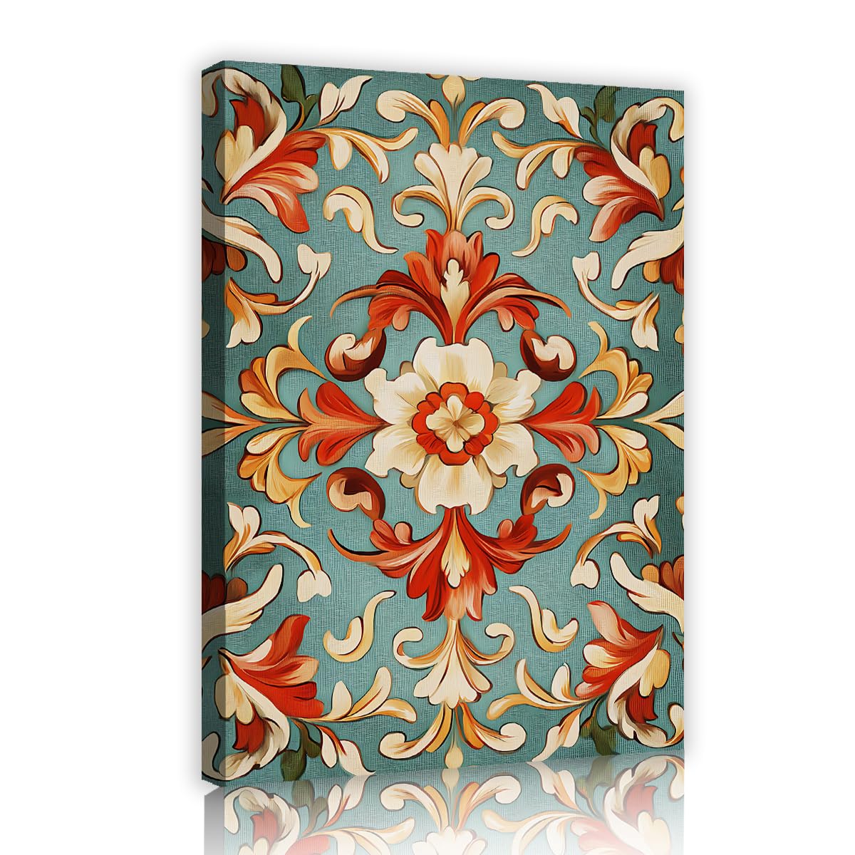 Via Vela Fbh09 Vintage Baroque Canvas Wall Art Ornate Damascus Floral Pattern Painting Mediterranean Teal Blue Coral Ornament Picture Print For Guest Room Hotel Decor 70X105cm