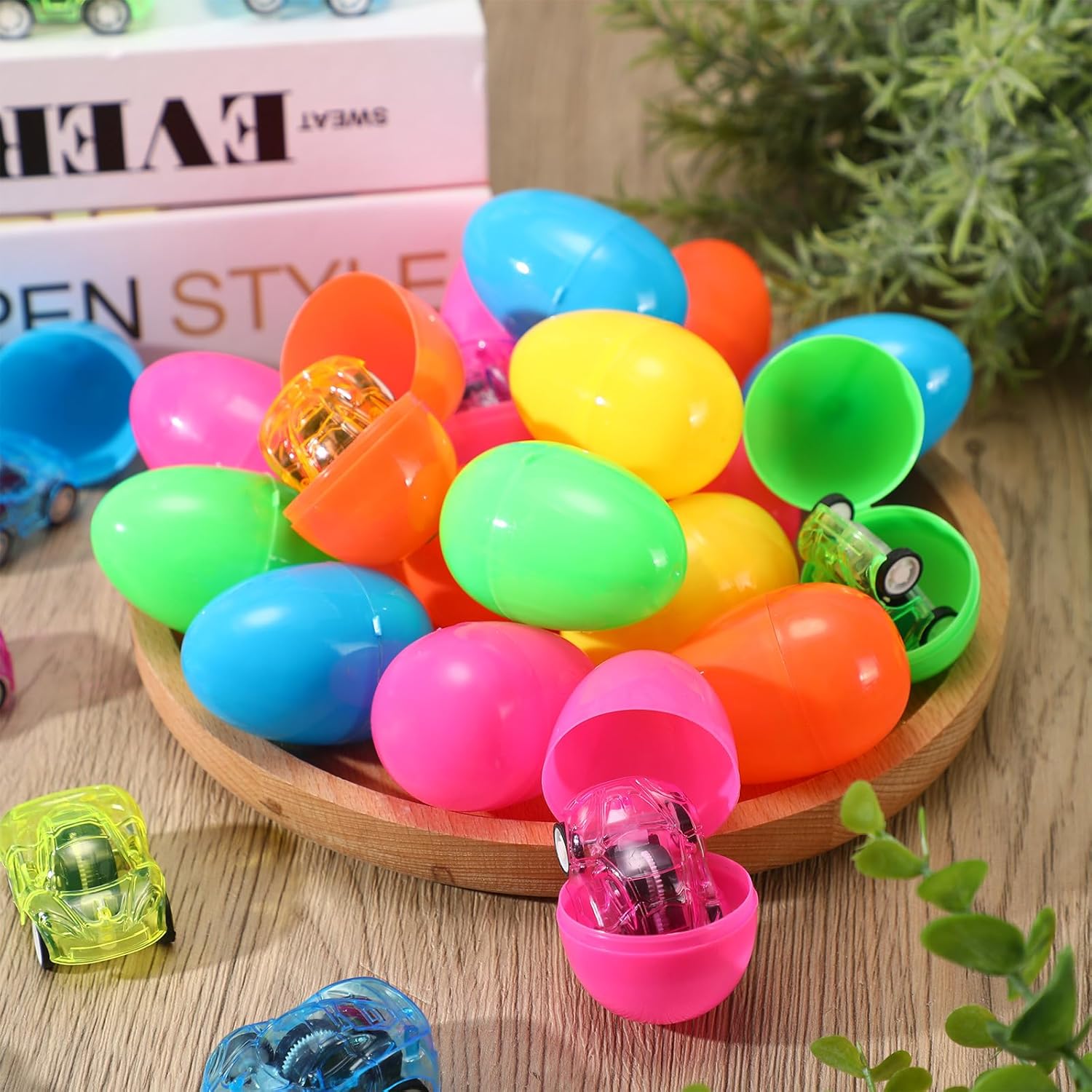 Liliful 300 Pcs Prefilled Easter Eggs with Mini Pull Back Cars Include 150 Mini Pull Back Car and 150 Colorful Egg Cars for Easter Basket Stuffers Goodie Bags Fillers