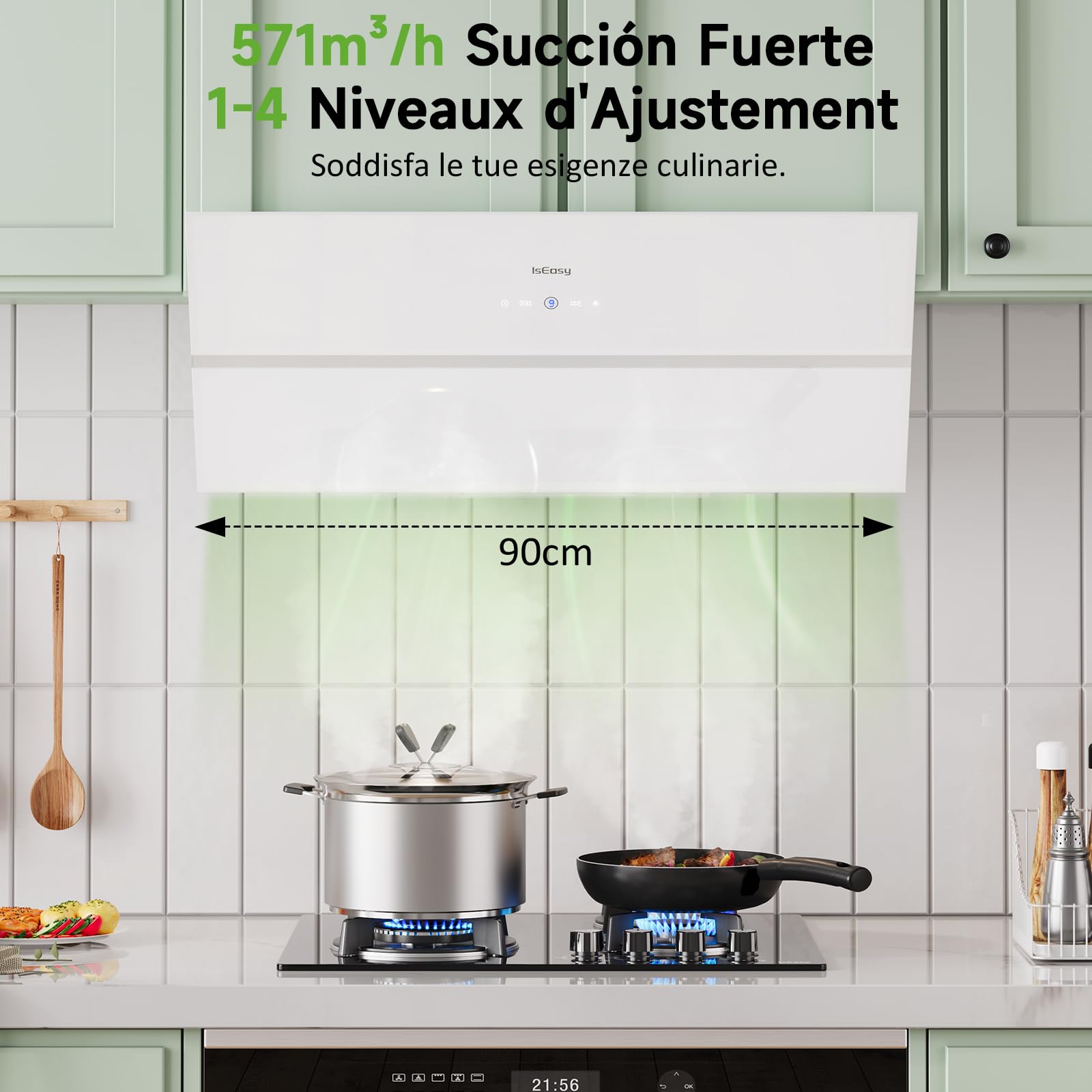 IsEasy Cappa Cucina, Cappa Aspirante 90 cm, 571 m³/h Aspirazione, 4 Livelli di Regolazione, Staffa Inclinazione 45°, 1-9 Min Spegnimento Ritardato, 61dB, Bianco, Efficienza A++
