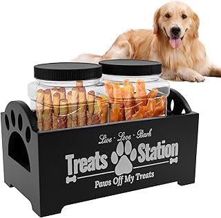 Dog Treat Container Wood Dog Treat Jar Set Dog Food Storage Container with 2 Plastic Jars Reusable Dog Cookie Jar Cat Treat Holder for Pet Owners and Lovers (Black)