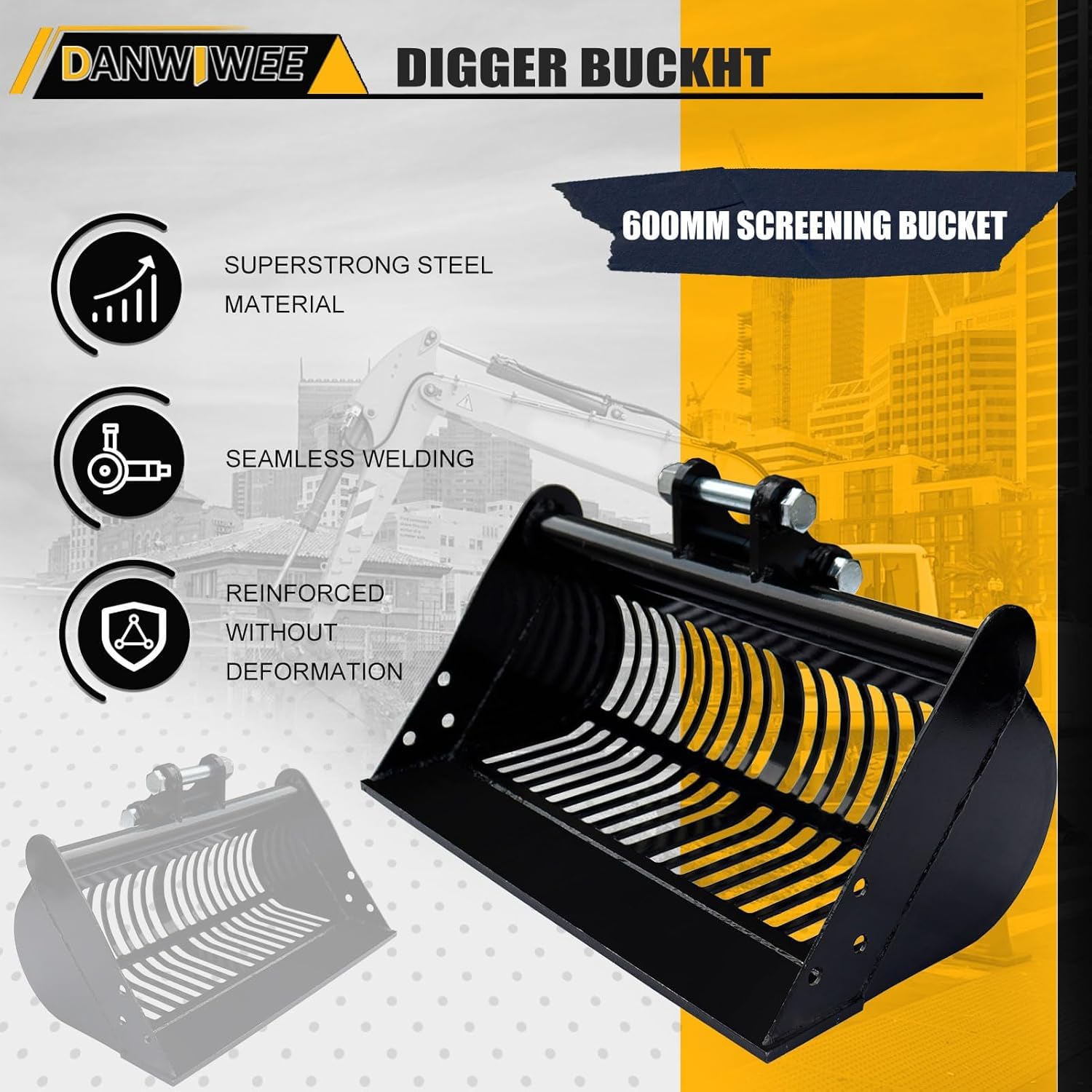 Baggerschaufel für Minibagger, Flache Zähne | Baggerlöffel mit Stiftschaft | Robustes Minibagger Zubehör für Erdverladung, Sand & Aushubarbeiten (50cm, 8T)