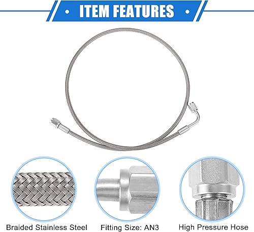 Vista 144 de AN3 - Línea de alimentación de aceite turbo de acero trenzado de 90 grados a extremo de manguera recto, turbocompresor remoto de 24 pulgadas, línea