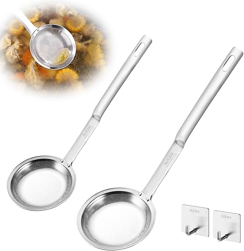 2 coladores de malla fina de acero inoxidable, pantallas de filtro para cocina de alimentos con 2 ganchos, herramienta práctica de coladores de