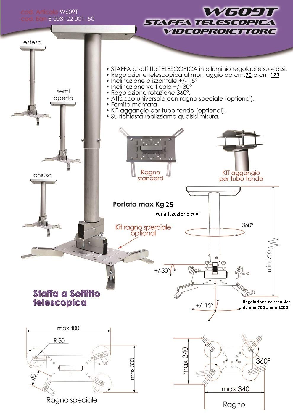 Staffa per videoproiettori telescopica da cm 70 a 120 universale a soffitto W609TM 70/120