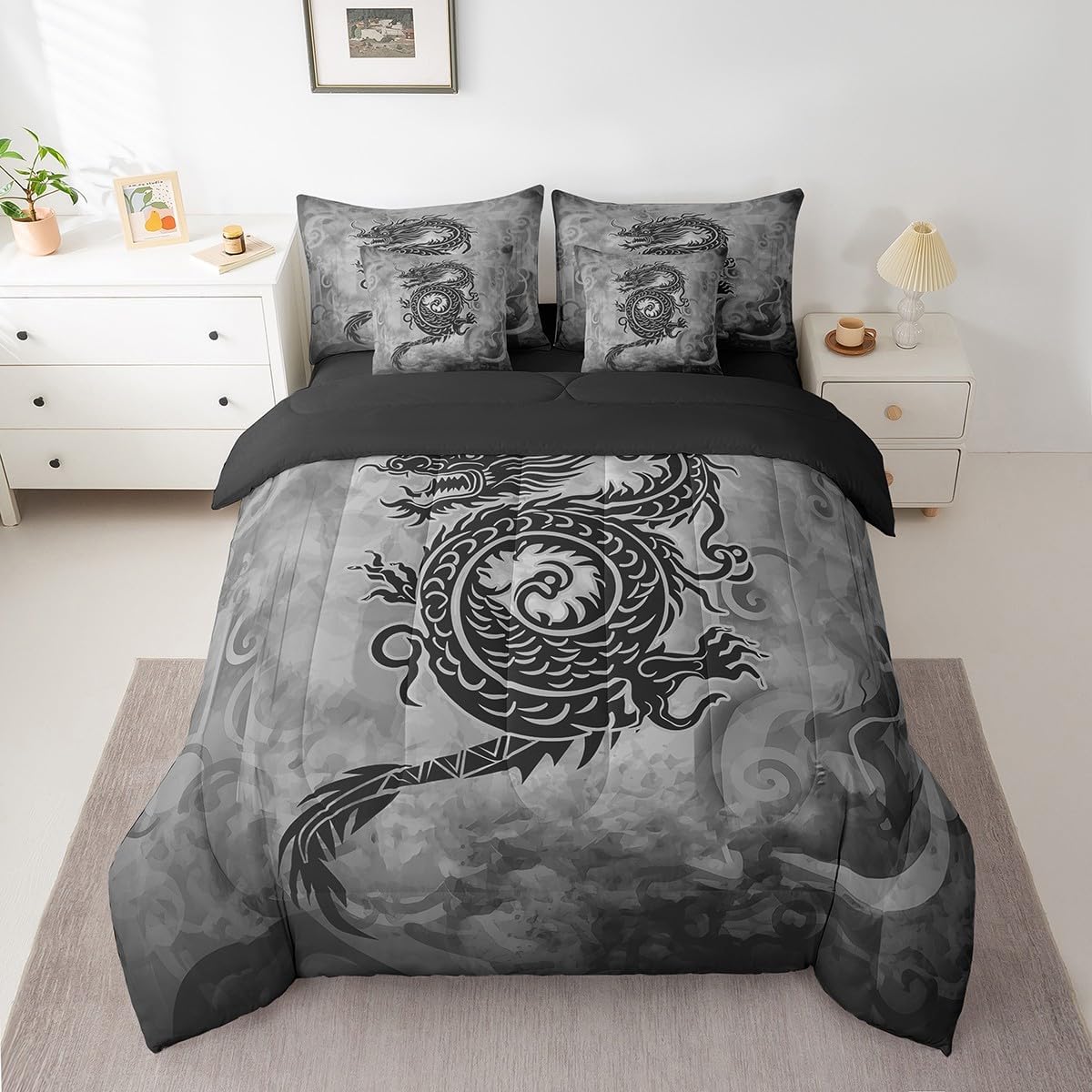 Castle Fairy 7 Pieces Dragon Comforter Set for Kids,Vintage Black Gray Bedding Set Queen Size,Comforter for Boys Girls Adult Super Soft Fade Resistant Microfiber Bedding