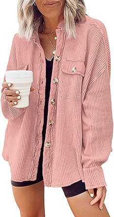 Yanekop Womens Waffle Knit Shacket Boyfriend Shirt Jacket Button Down Blouse Loose Fit Long Sleeve Tops