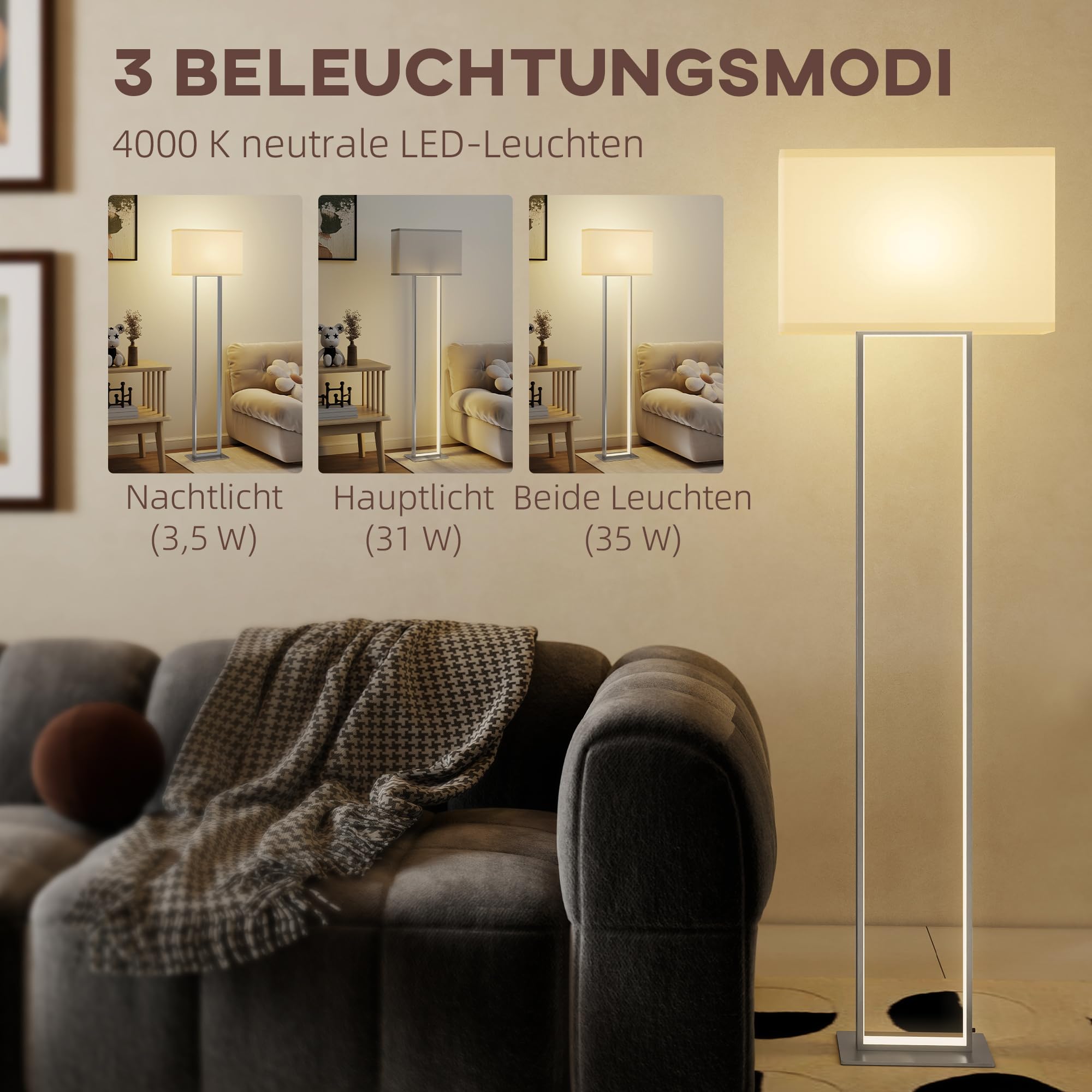 HOMCOM LED Stehlampe Wohnzimmer Stehleuchte mit Leinen-Lampenschirm, minimalistische Standleuchte Nachtleuchte für Schlafzimmer Weiß