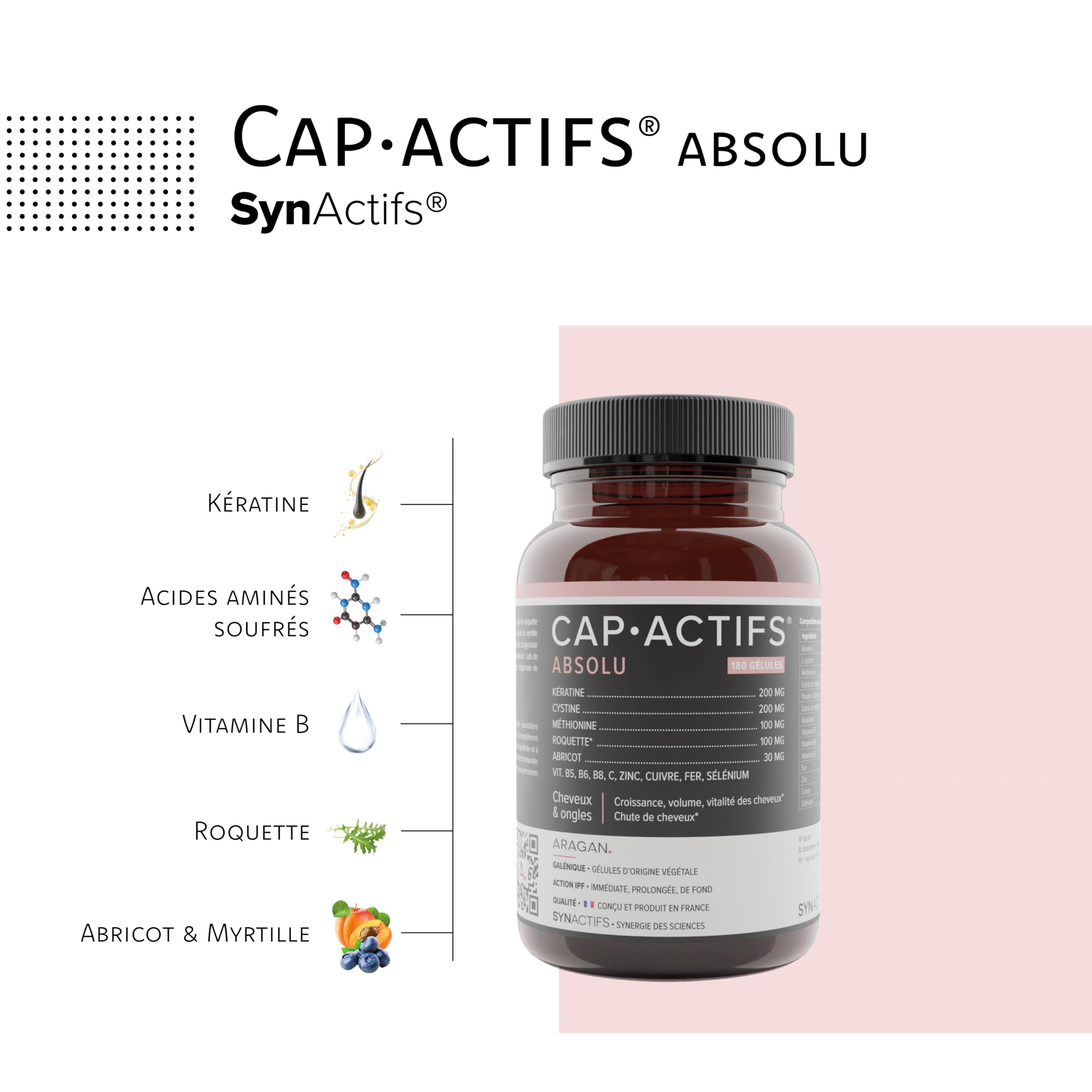 ARAGAN Capactifs Intense + Absolu - Complément Alimentaire Renforcement des Cheveux et des Ongles, Croissance, Vitalité - Kératine, Cuivre, Zinc et Vitamines - 120 + 180 gélules - 2 à 3 mois de prise