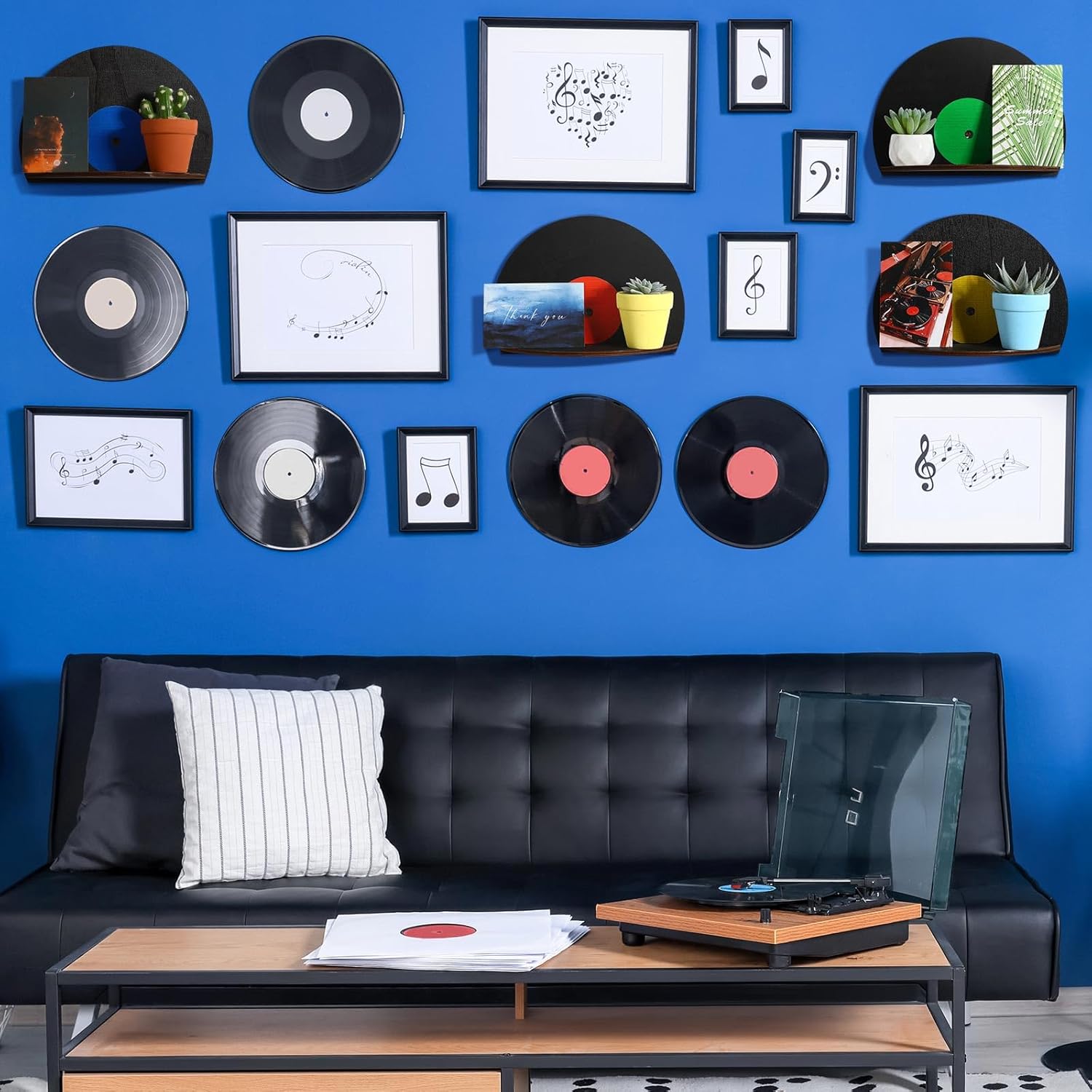 Threehoney 4 Pcs Vinyl Record Wall Decor Music Art Themed Wall Storage Shelf Blank Record Shaped Hanging Sign Aesthetic Music Theme Home Decoration for Room Bedroom Party Decor(Classic,Wooden)