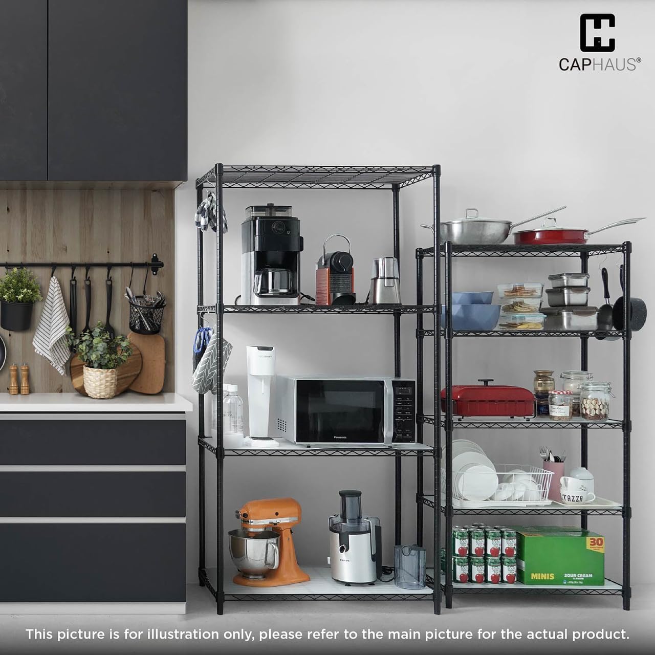 A CAPHAUS shelving unit in a kitchen setting, holding various kitchen appliances and cookware.