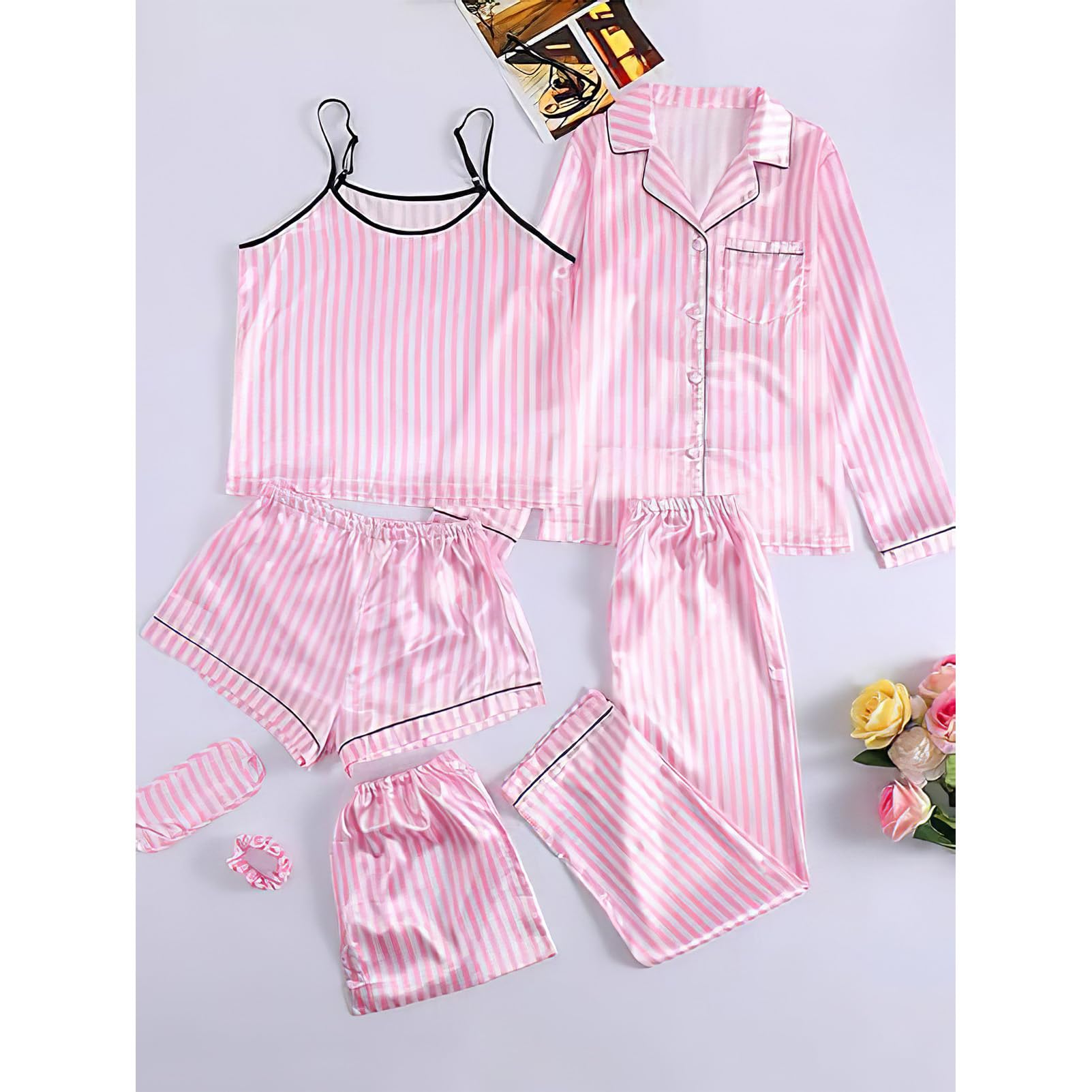 Chicas Niñas 7PCS Saten Conjunto de Pijama Tops & Pantalones Cortos Ropa de Dormir