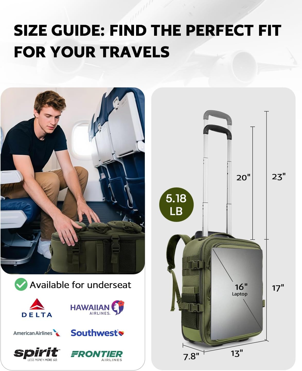 Rolling Tactical Laptop Backpack, Underseat Travel Backpack with Wheels, 16 Inch Wheeled Military Computer Backpack for Men and Women, Roller Overnight Molle Outdoor Hiking College Carry on Luggage - Image 3