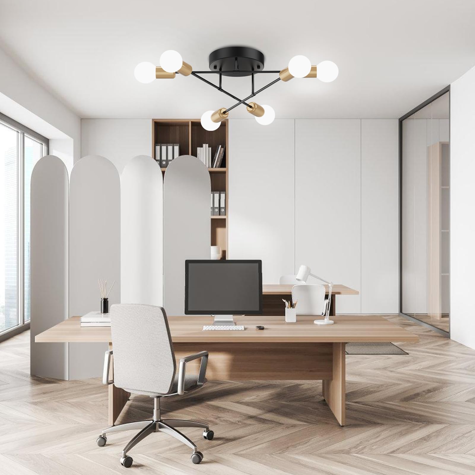 Sunwish Sputnik Chandelier 6-Light Black Gold Flush Mount Ceiling Light Fixture, Modern Chandelier for Dining Room Living Room, Bedroom Ceiling Chandelier Lights E26 Base, Bulbs Not Included