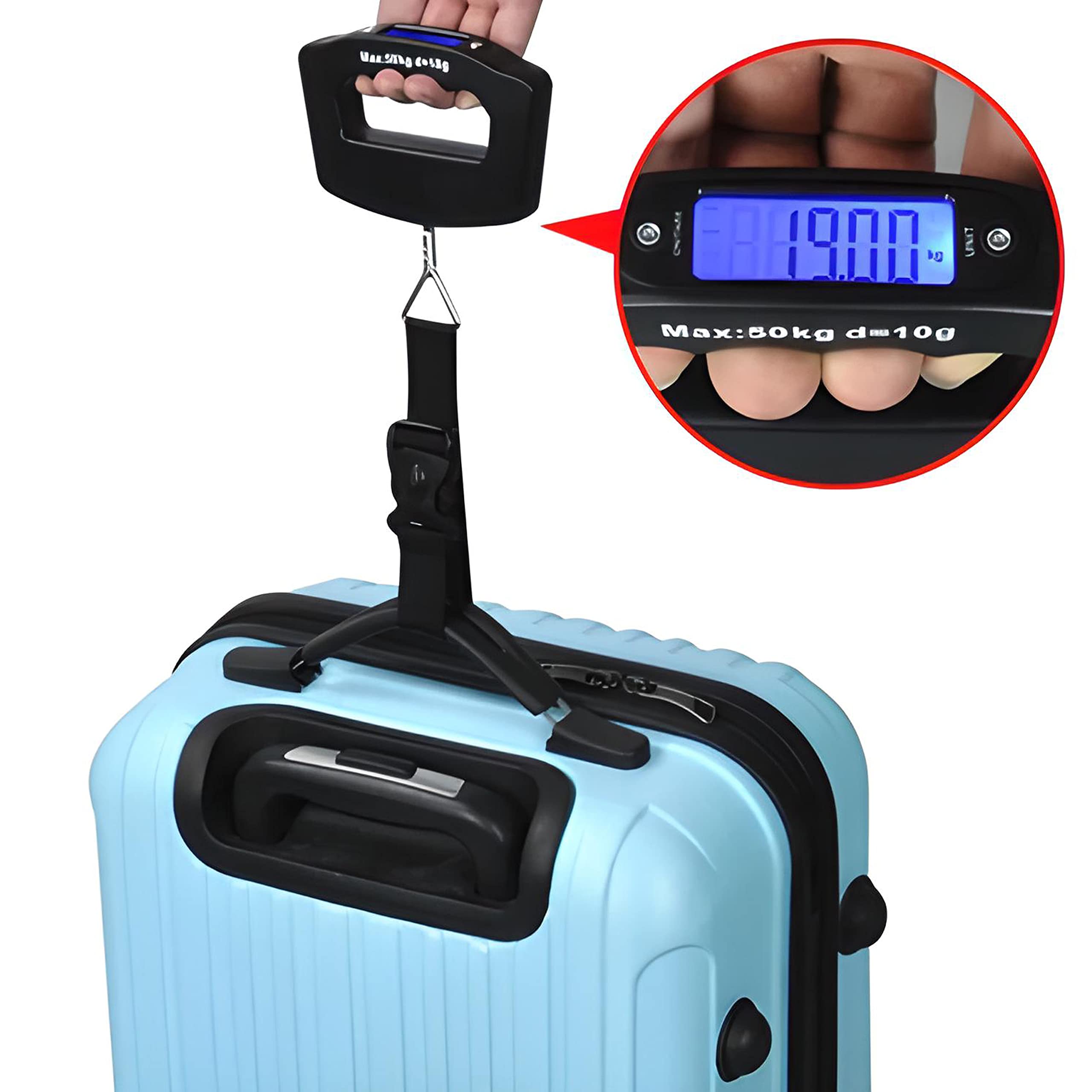 Retoo Cyfrowa waga bagażowa, wyświetlacz LCD, podświetlenie tła LCD, przenośna waga wisząca do walizek, ryb i toreb do 50 kg, funkcja tara, praktyczna w podróży, na baterie, stal nierdzewna, czarna
