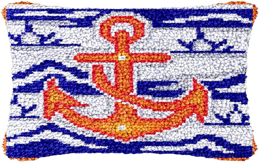 Orange Navy Ship Anchor DIY Latch Hook Rectangle Pillow Kit for Adults Throw Pillow Cover with Printed Canvas Crochet Yarn Needle Craft Easy DIY Cushion for Christmas Decoration 50x30cm
