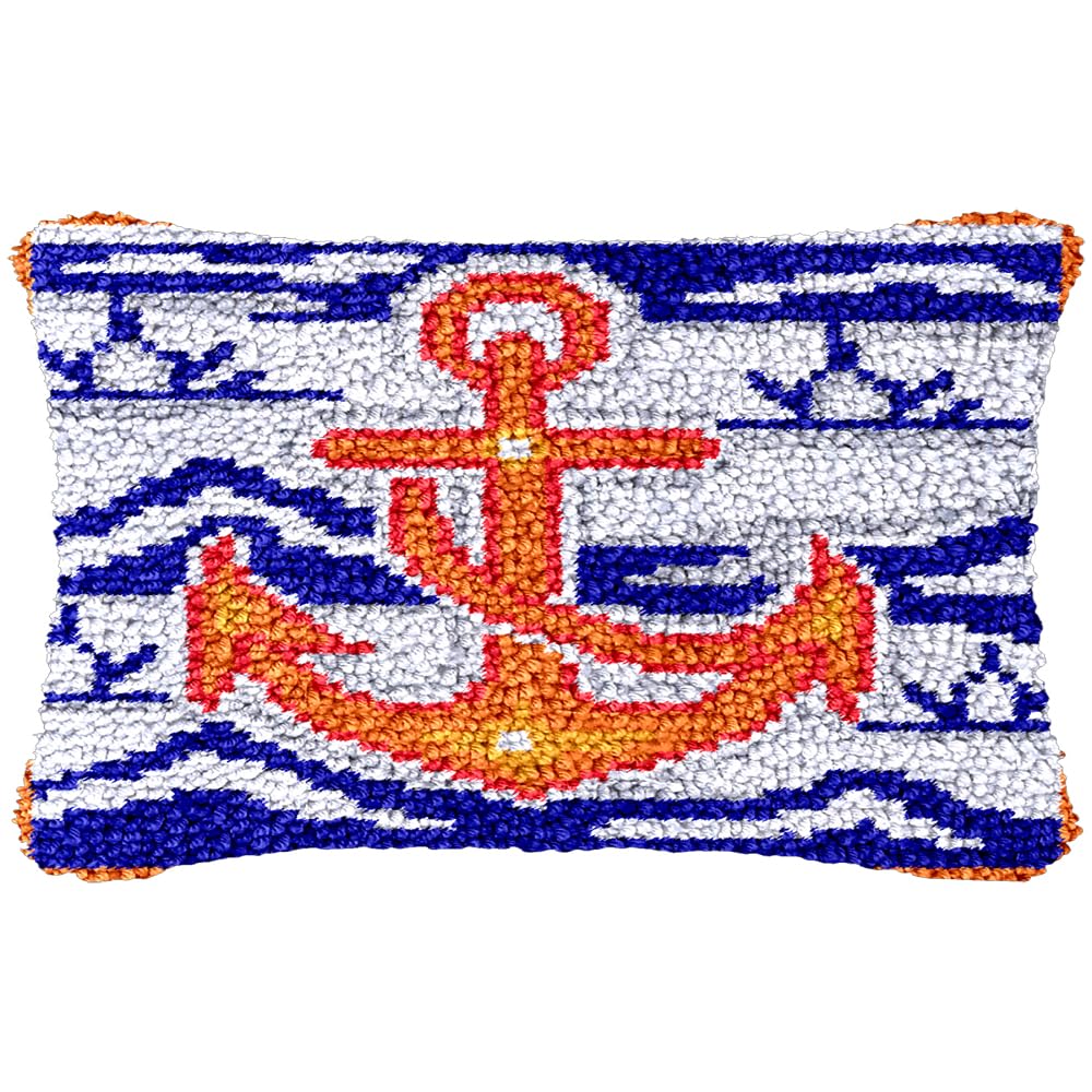 Orange Navy Ship Anchor DIY Latch Hook Rectangle Pillow Kit for Adults Throw Pillow Cover with Printed Canvas Crochet Yarn Needle Craft Easy DIY Cushion for Christmas Decoration 50x30cm