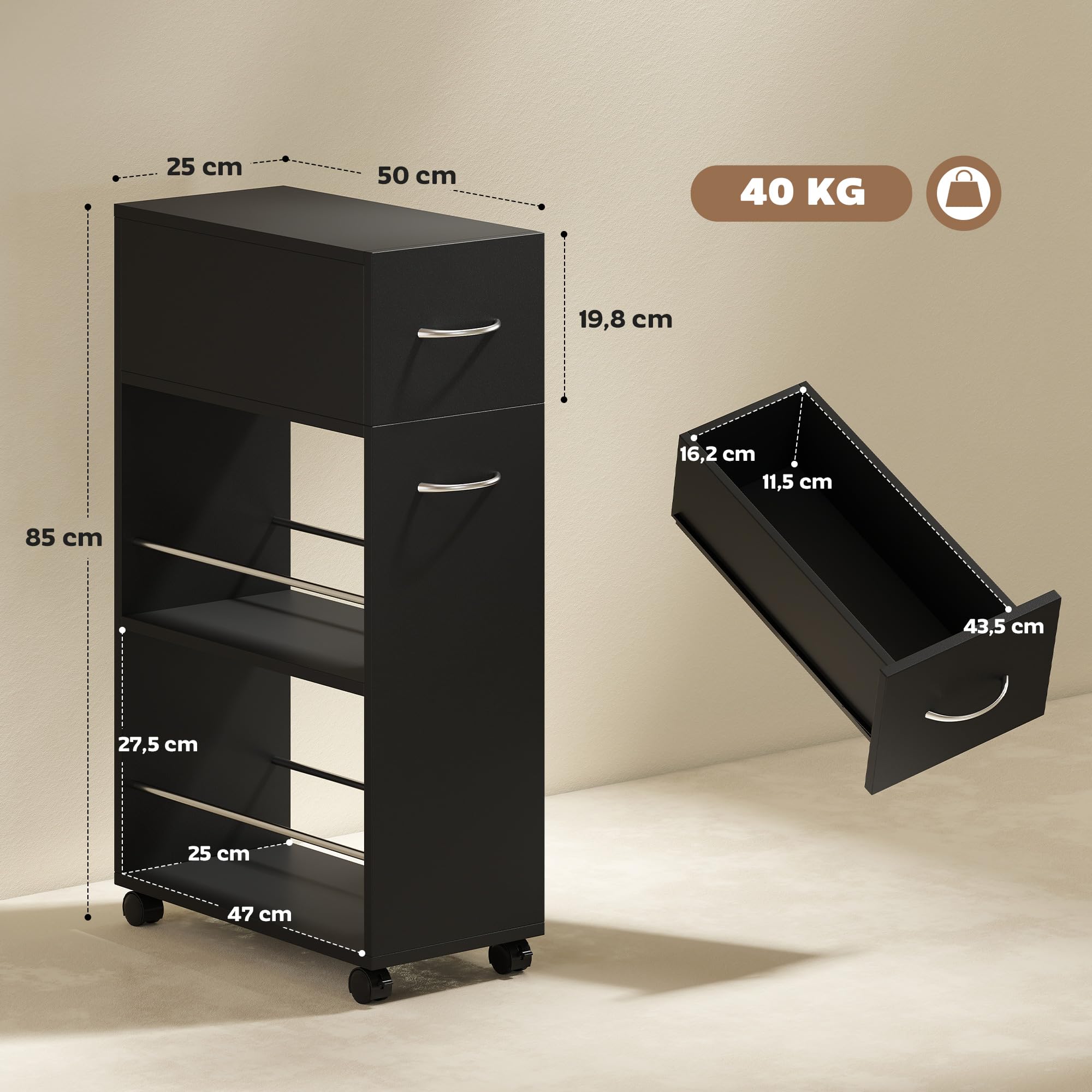 HOMCOM Chariot de Cuisine Desserte sur roulettes 25 x 50 x 85 cm Noir | 1 Tiroir, 2 Étagères Ouvertes, pour Salle à Manger, Salon, Salle de Bain, en Bois