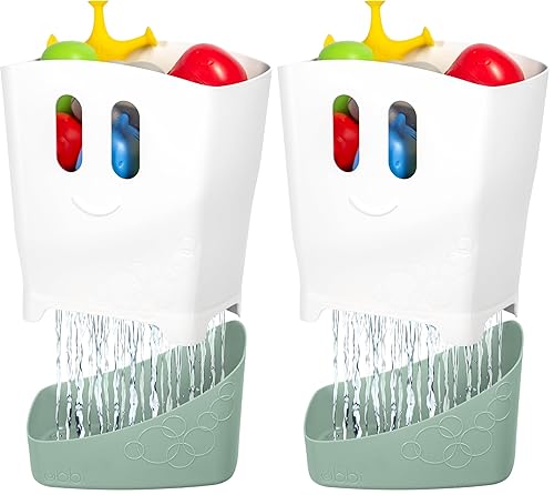 Ubbi Organizador de juguetes de baño independiente con bandeja de secado extraíble y cuchara para niños pequeños + bebés, salvia (paquete de 2)
